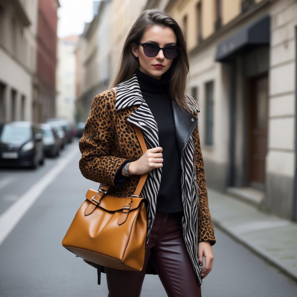 A stunning image of stylish urban girl with bold patterns and a leather bag.