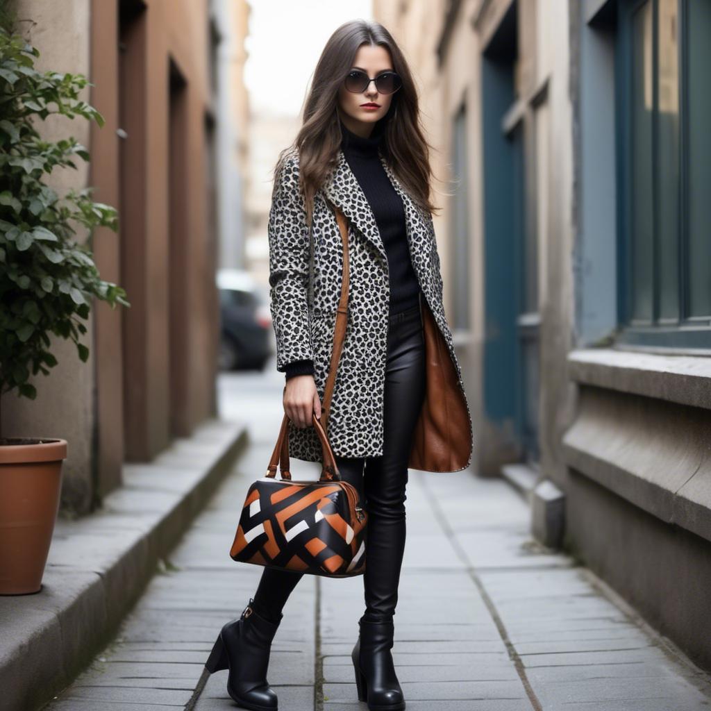 A stunning image of stylish urban girl with bold patterns and a leather bag.