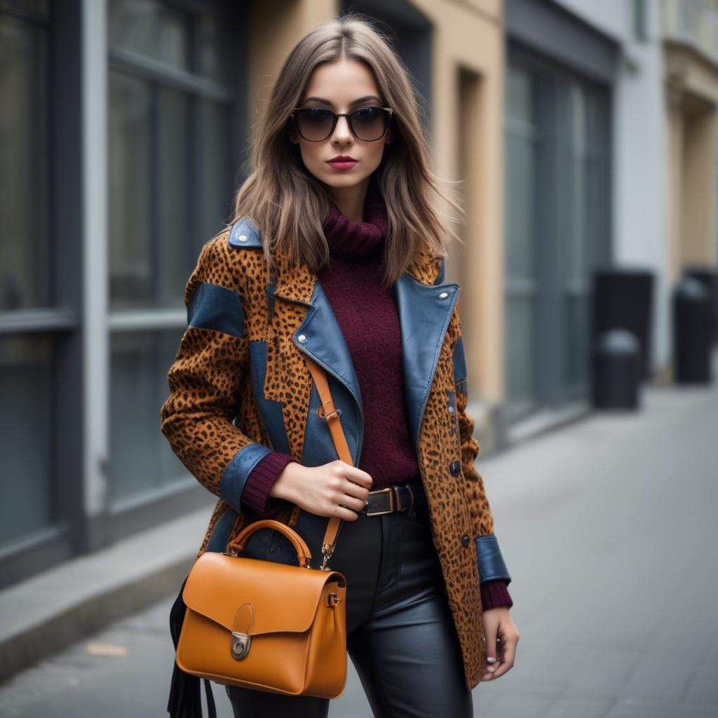 A stunning image of stylish urban girl with bold patterns and a leather bag.