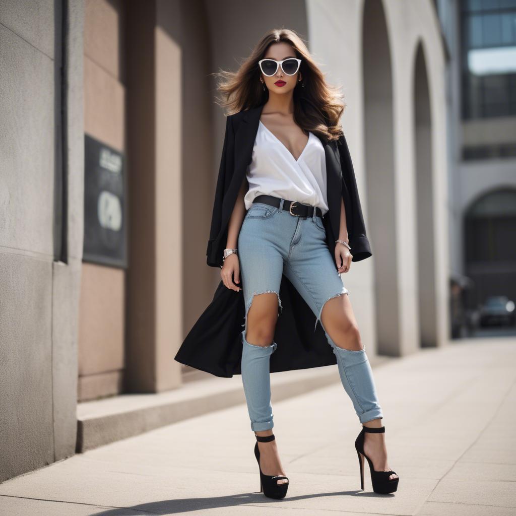 A stunning image of stylish urban girl with oversized sunglasses and heels.