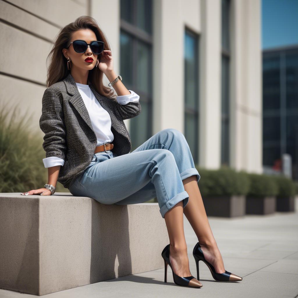 A stunning image of stylish urban girl with oversized sunglasses and heels.