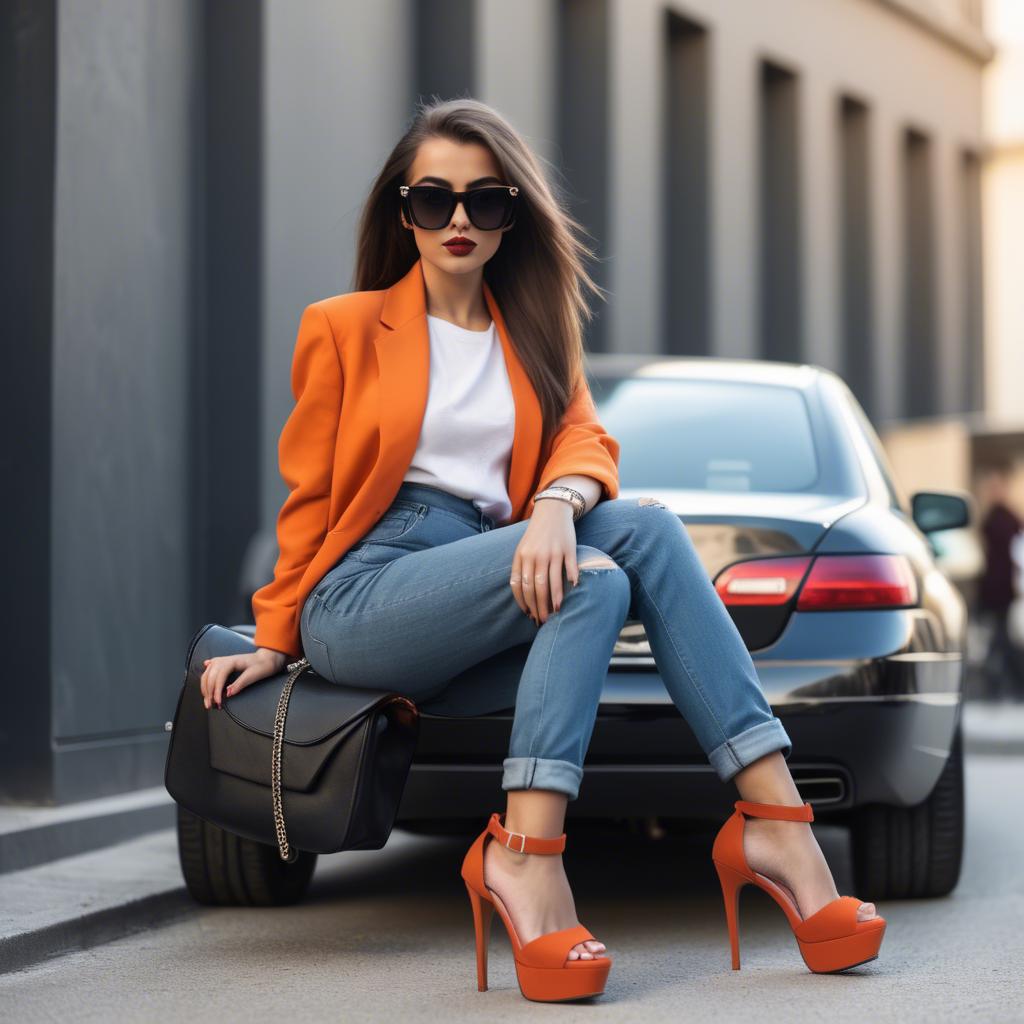 A stunning image of stylish urban girl with oversized sunglasses and heels.