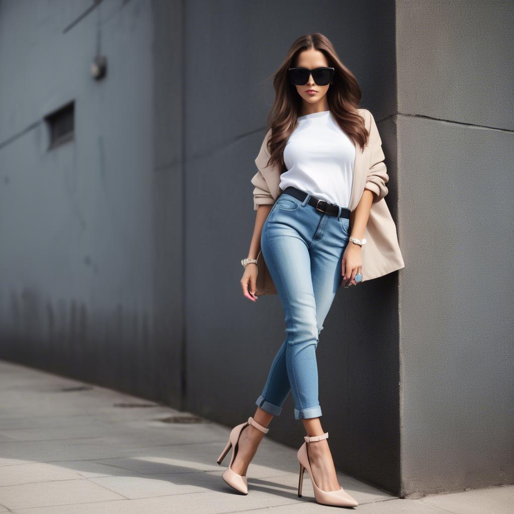 A stunning image of stylish urban girl with oversized sunglasses and heels.
