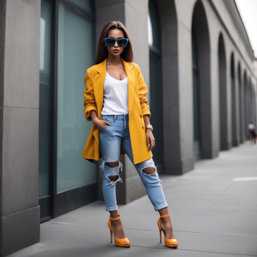 A stunning image of stylish urban girl with oversized sunglasses and heels.