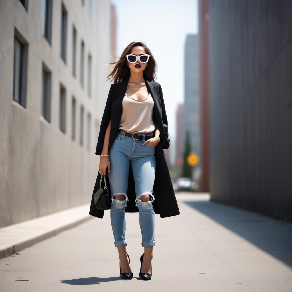 A stunning image of stylish urban girl with oversized sunglasses and heels.