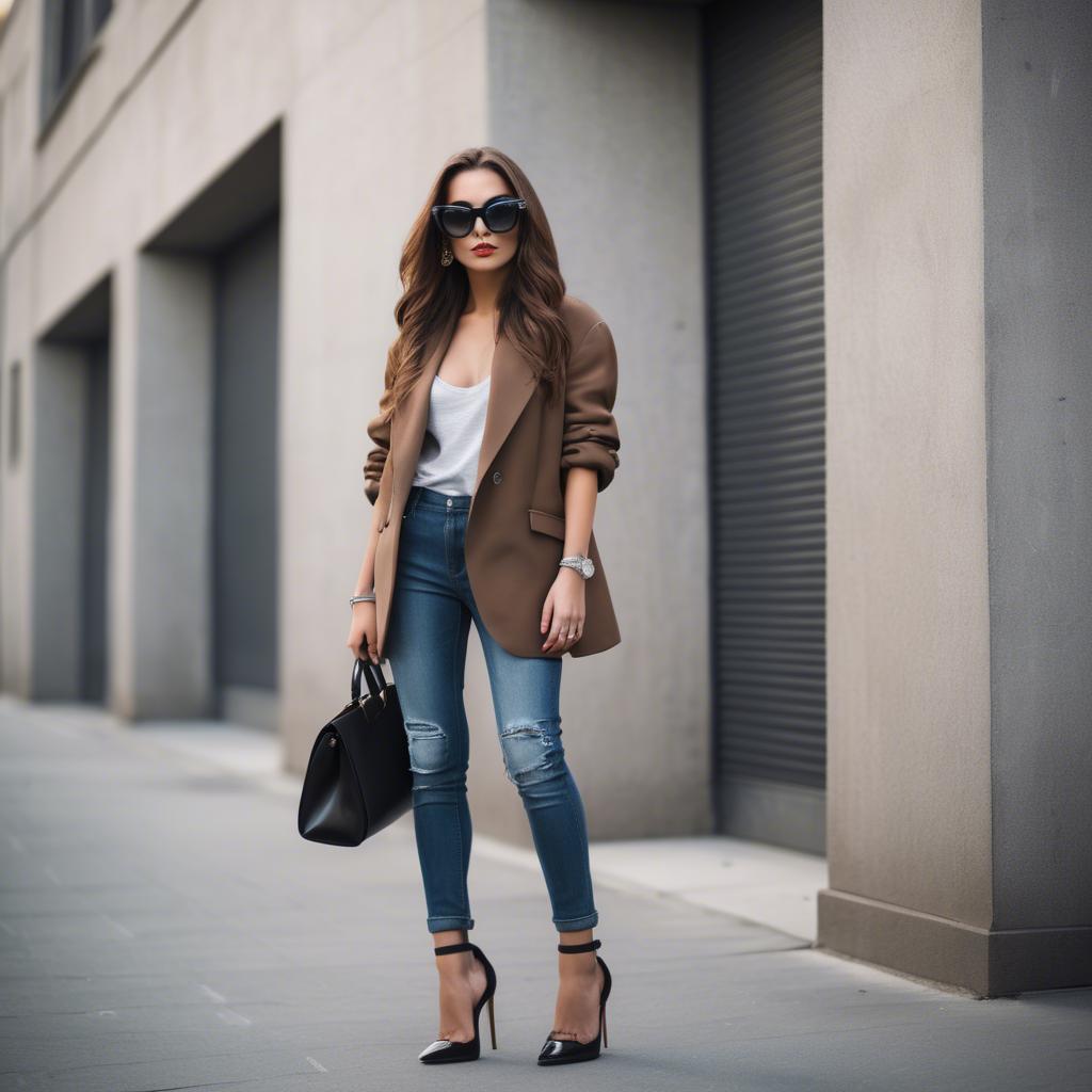A stunning image of stylish urban girl with oversized sunglasses and heels.