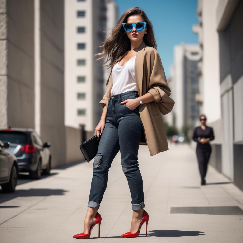 A stunning image of stylish urban girl with oversized sunglasses and heels.