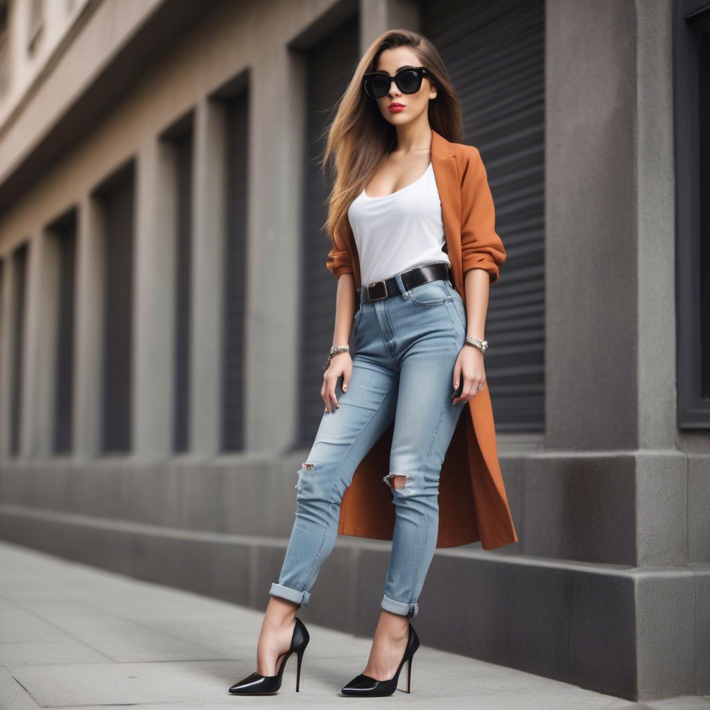 A stunning image of stylish urban girl with oversized sunglasses and heels.