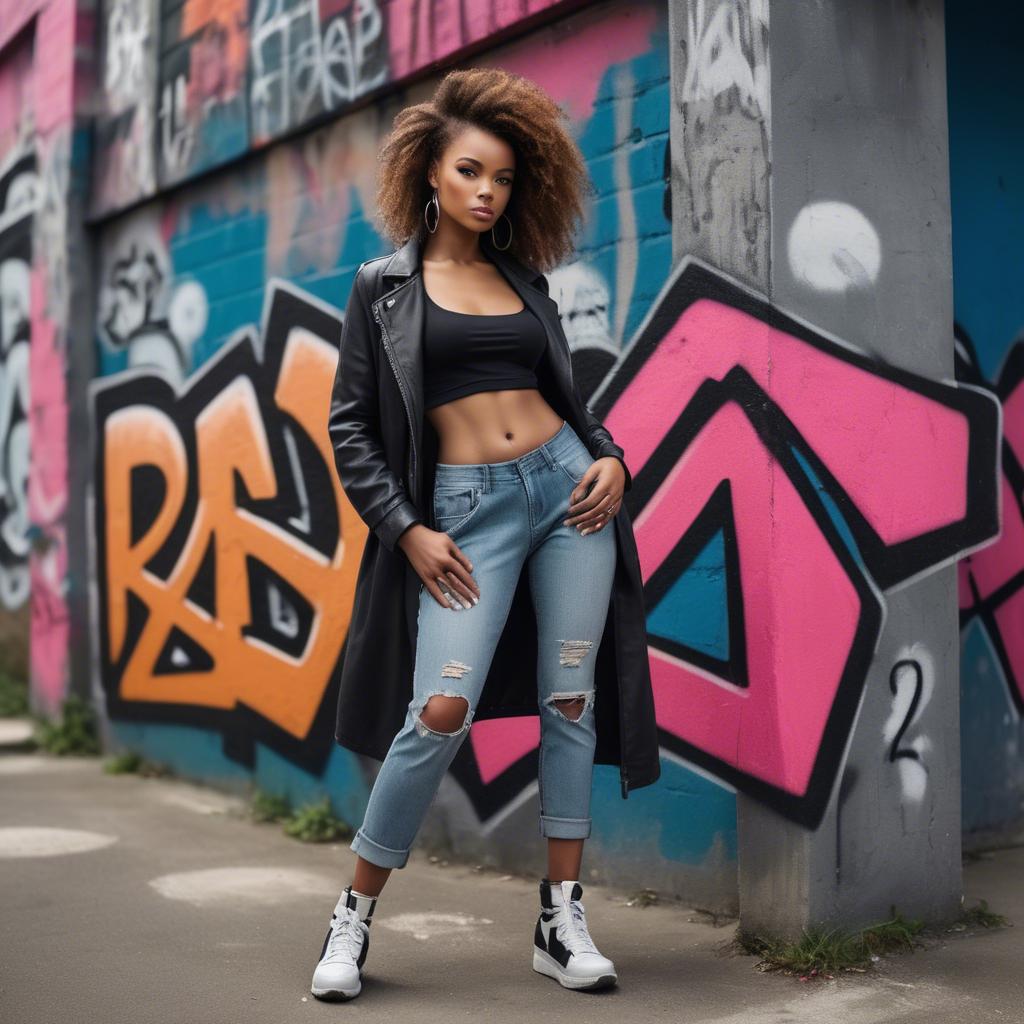 A stunning image of stylish urban model posing with bold graffiti.