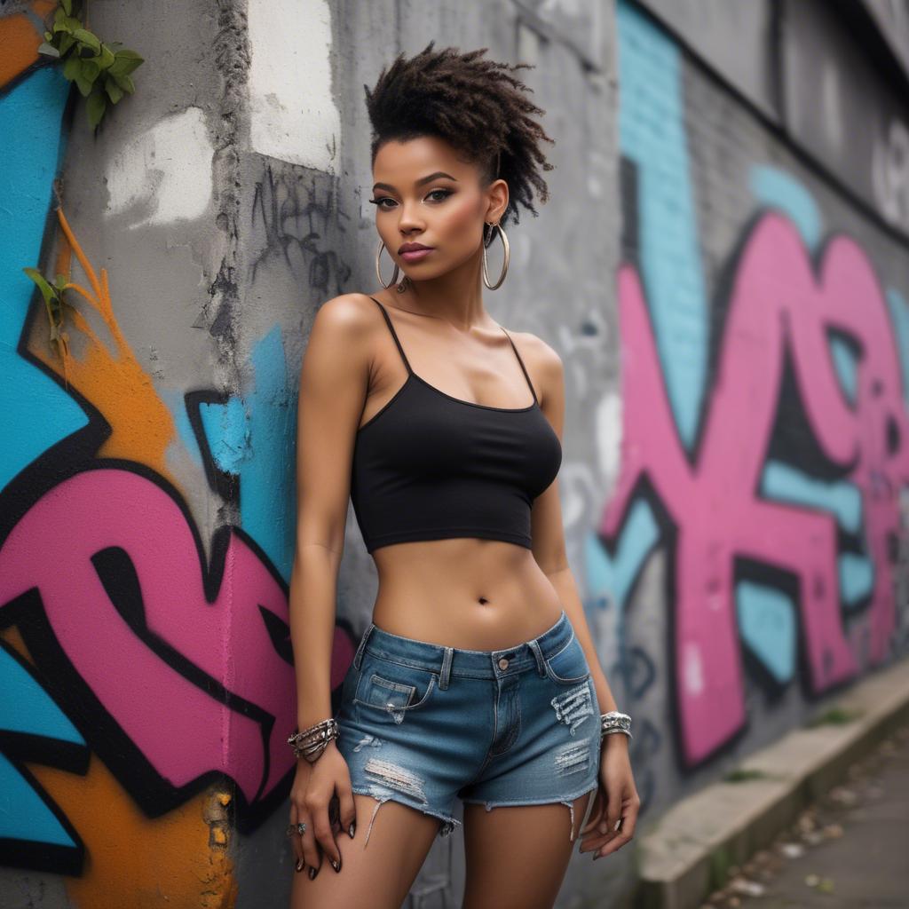 A stunning image of stylish urban model posing with bold graffiti.