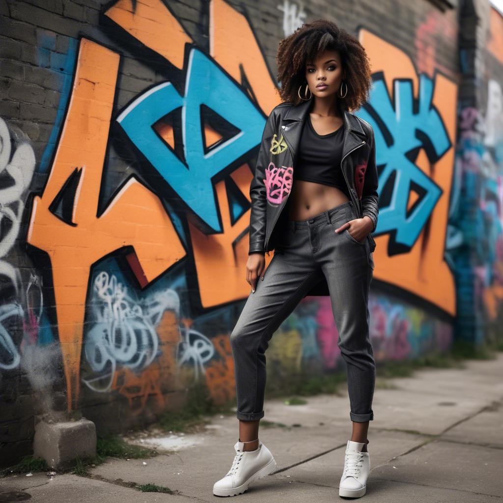 A stunning image of stylish urban model posing with bold graffiti.