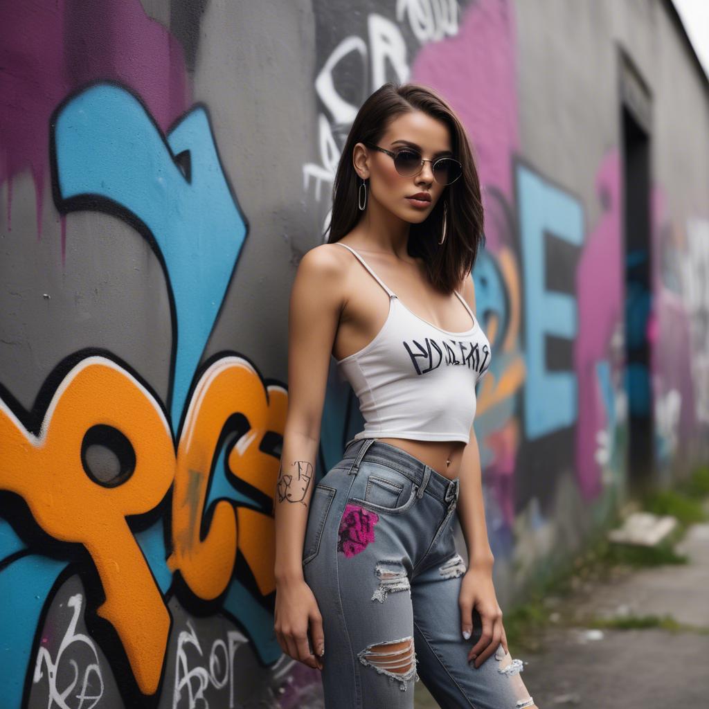 A stunning image of stylish urban model posing with bold graffiti.