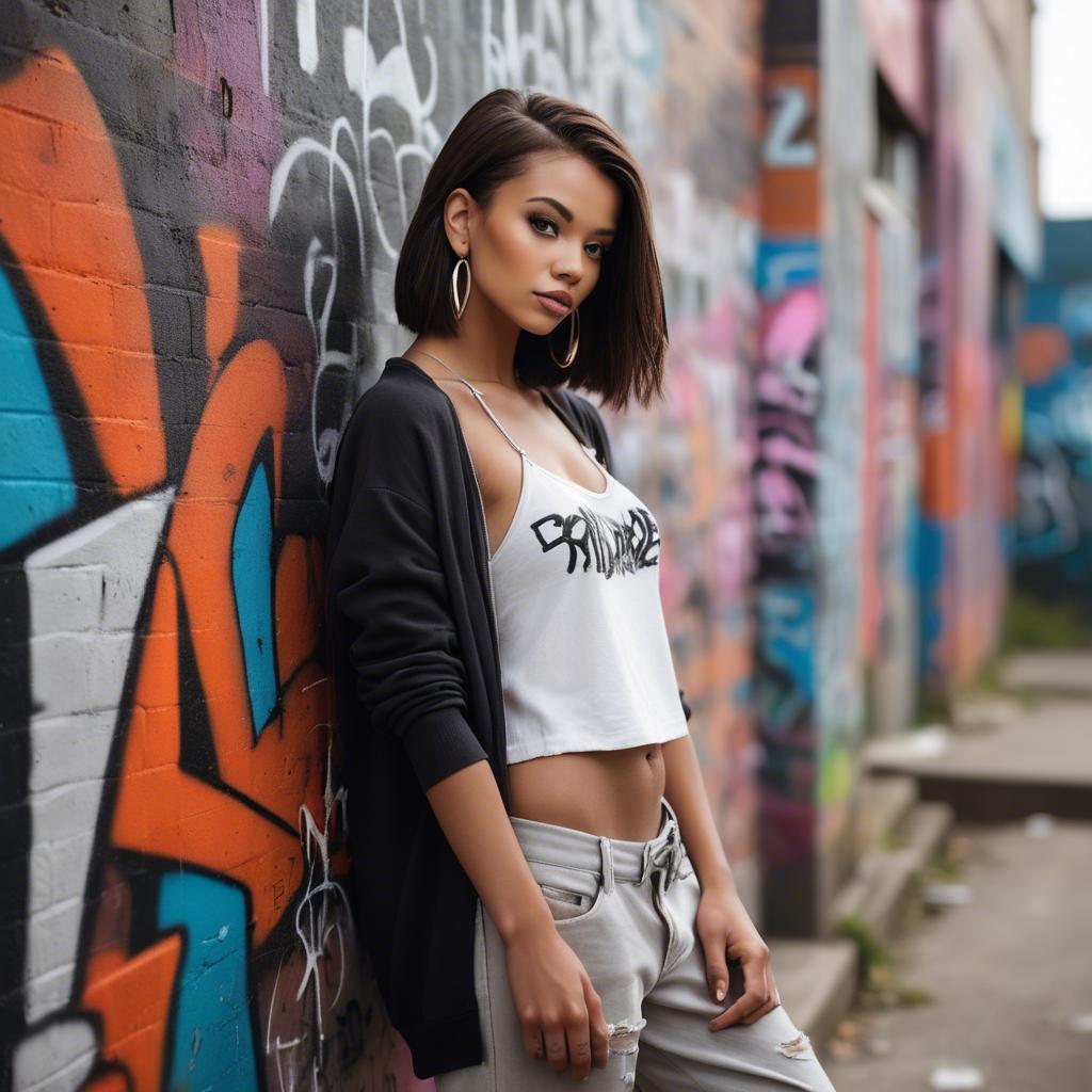 A stunning image of stylish urban model posing with bold graffiti.
