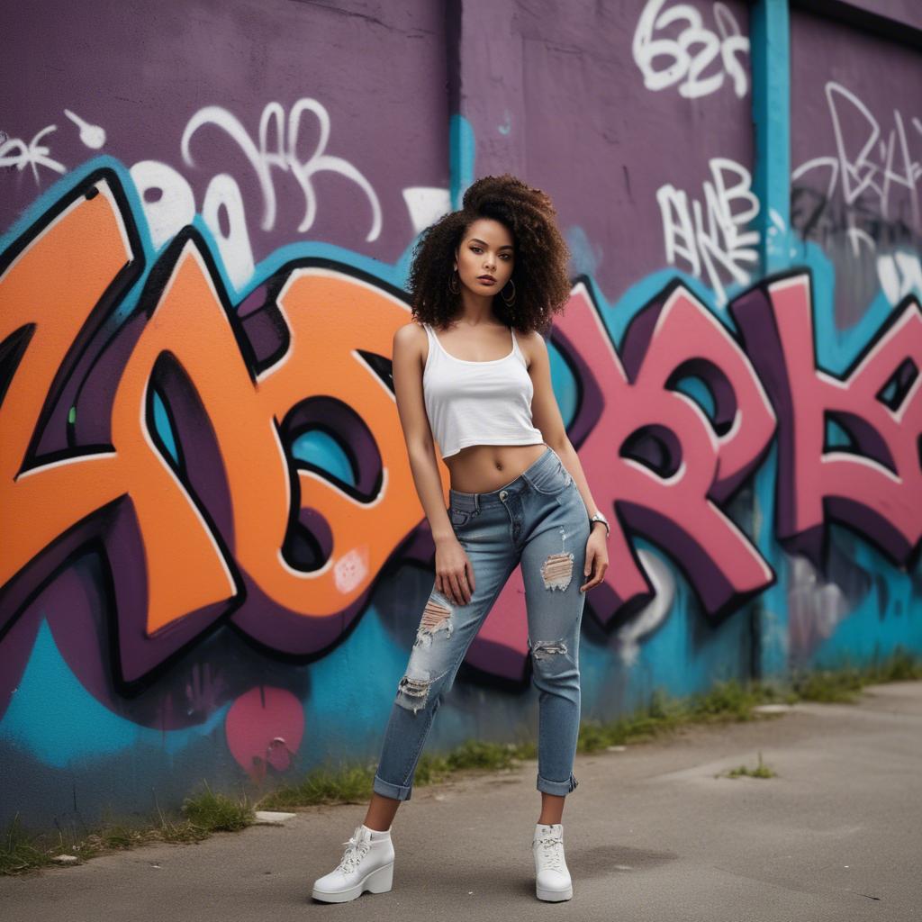 A stunning image of stylish urban model posing with bold graffiti.