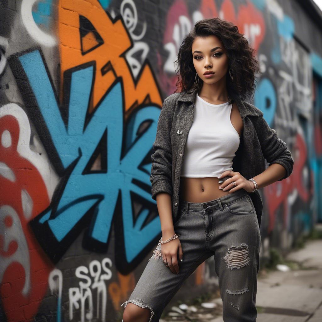 A stunning image of stylish urban model posing with bold graffiti.