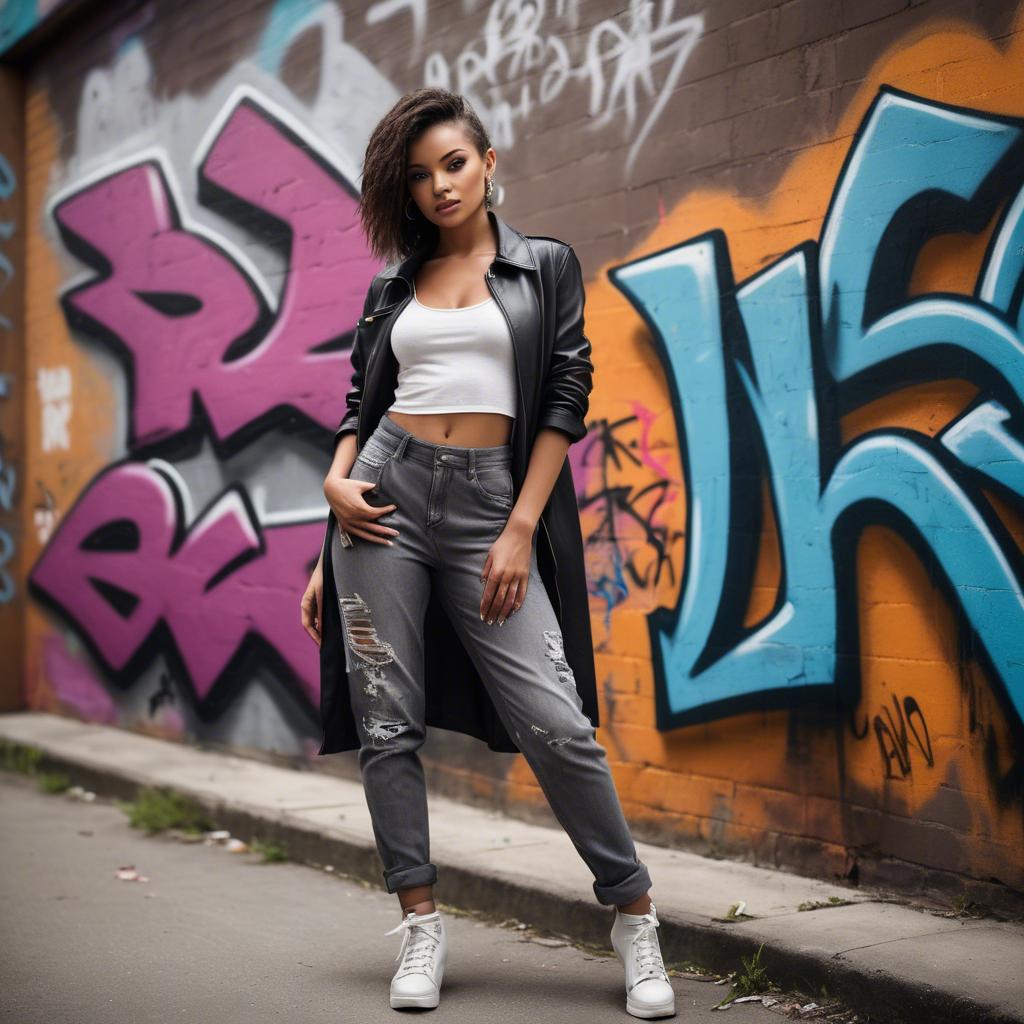 A stunning image of stylish urban model posing with bold graffiti.