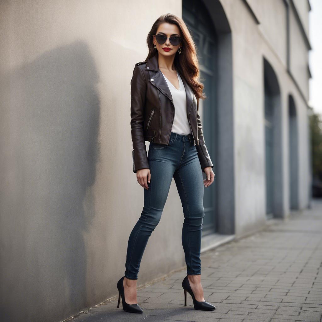 A stunning image of stylish woman in high heels and a leather jacket.