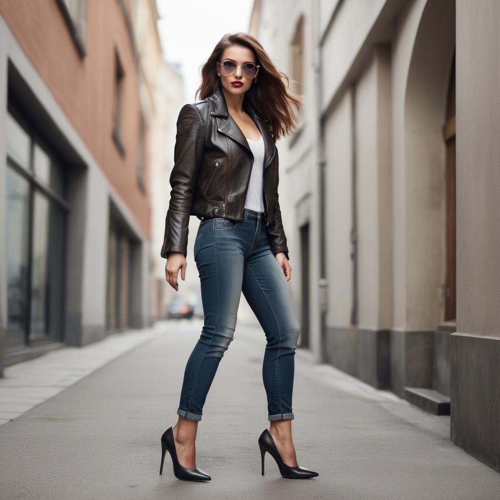 A stunning image of stylish woman in high heels and a leather jacket.