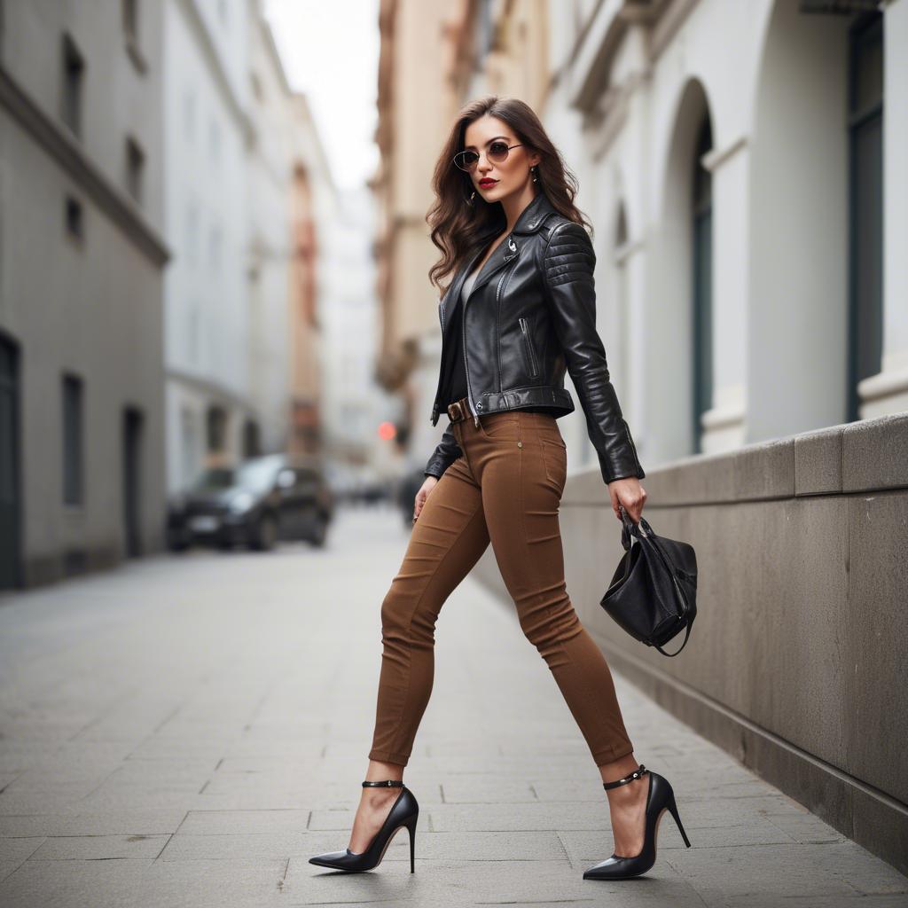 A stunning image of stylish woman in high heels and a leather jacket.