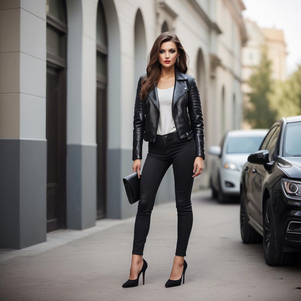 A stunning image of stylish woman in high heels and a leather jacket.