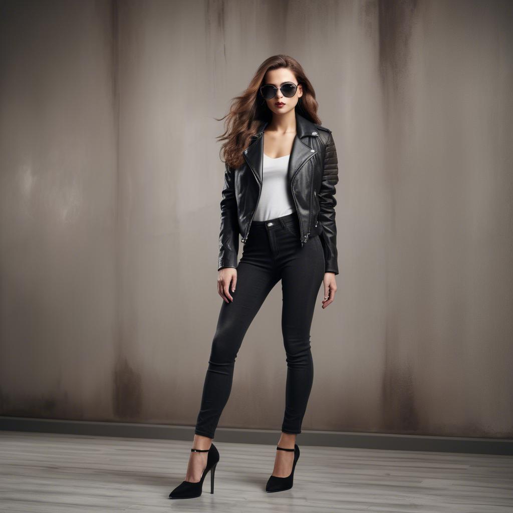 A stunning image of stylish woman in high heels and a leather jacket.