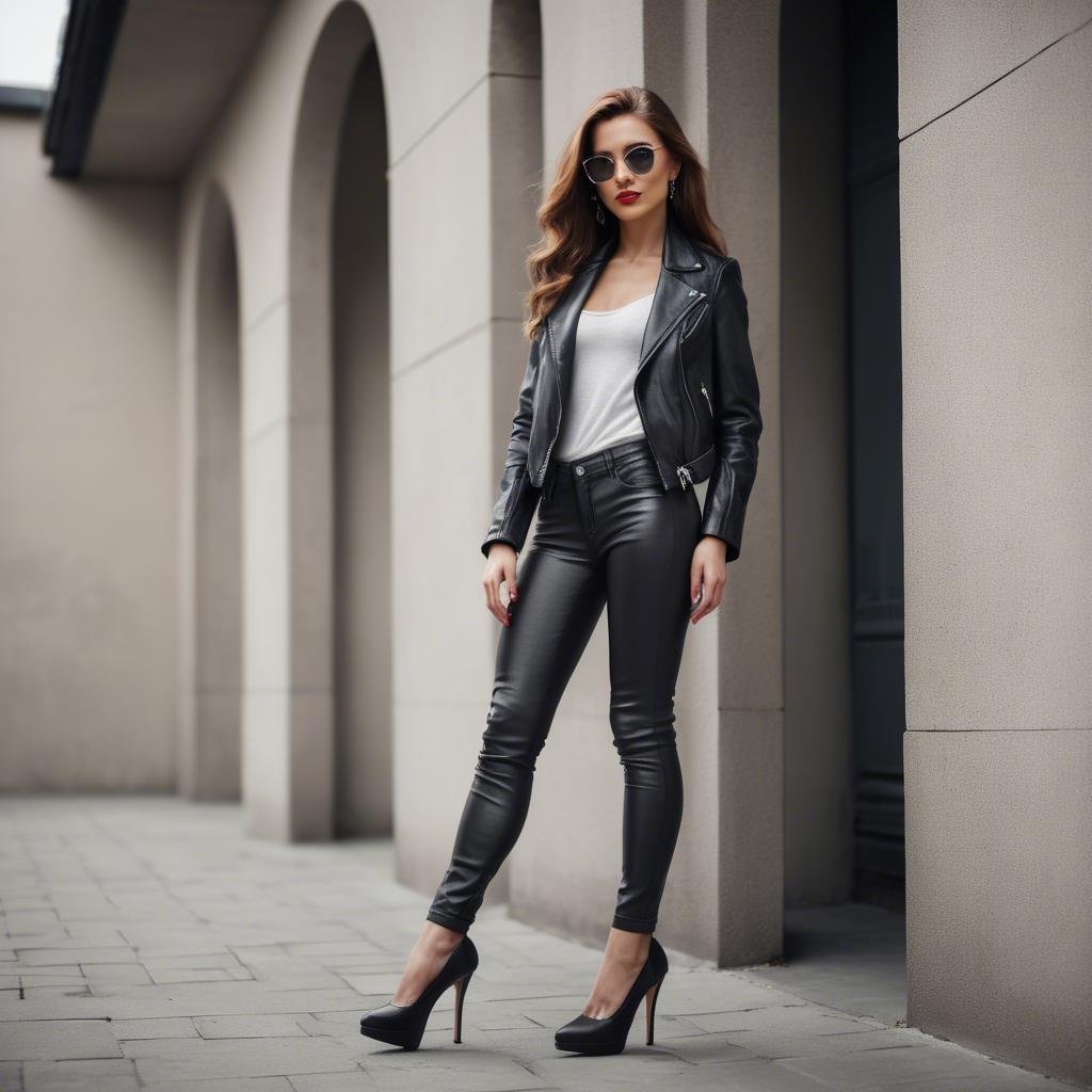 A stunning image of stylish woman in high heels and a leather jacket.