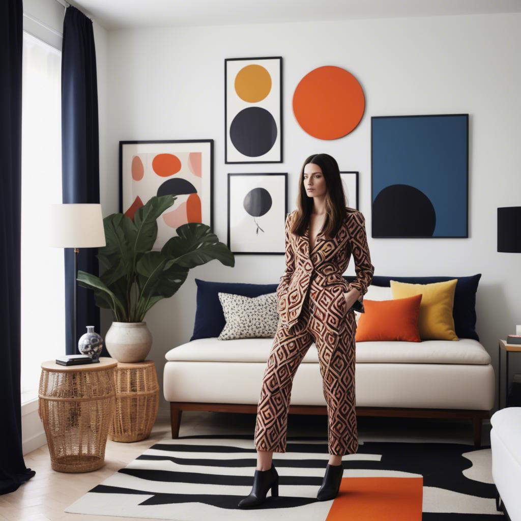 A stunning image of stylish woman with bold patterns in a minimalist room.
