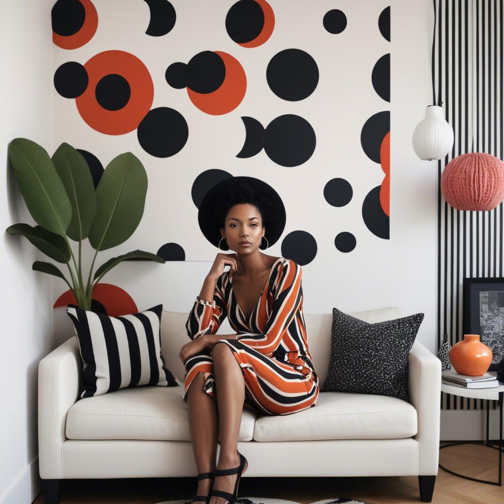 A stunning image of stylish woman with bold patterns in a minimalist room.