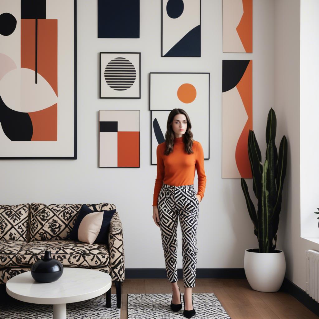 A stunning image of stylish woman with bold patterns in a minimalist room.
