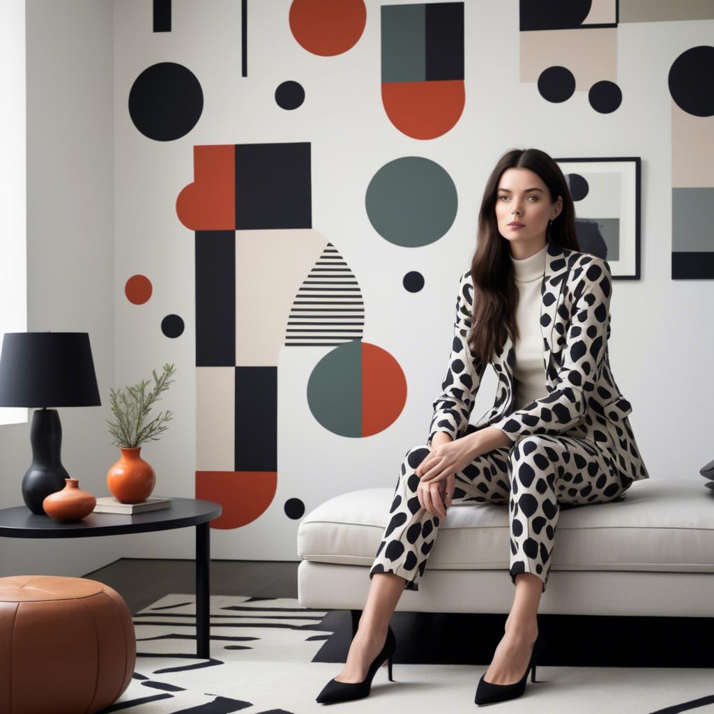 A stunning image of stylish woman with bold patterns in a minimalist room.