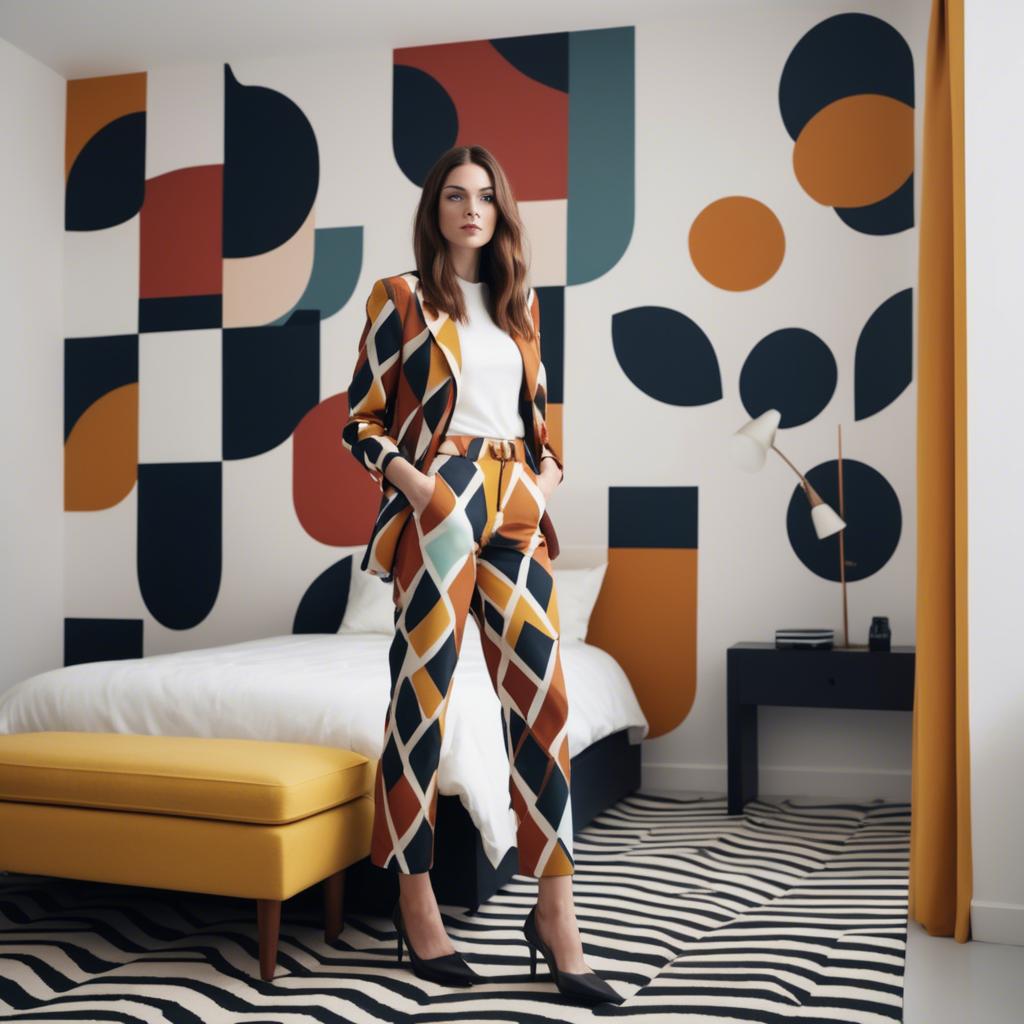 A stunning image of stylish woman with bold patterns in a minimalist room.