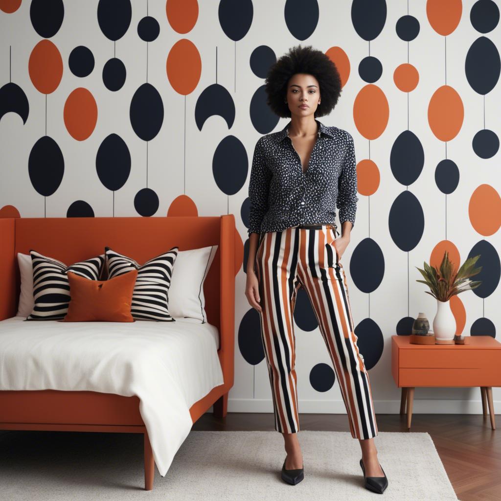 A stunning image of stylish woman with bold patterns in a minimalist room.