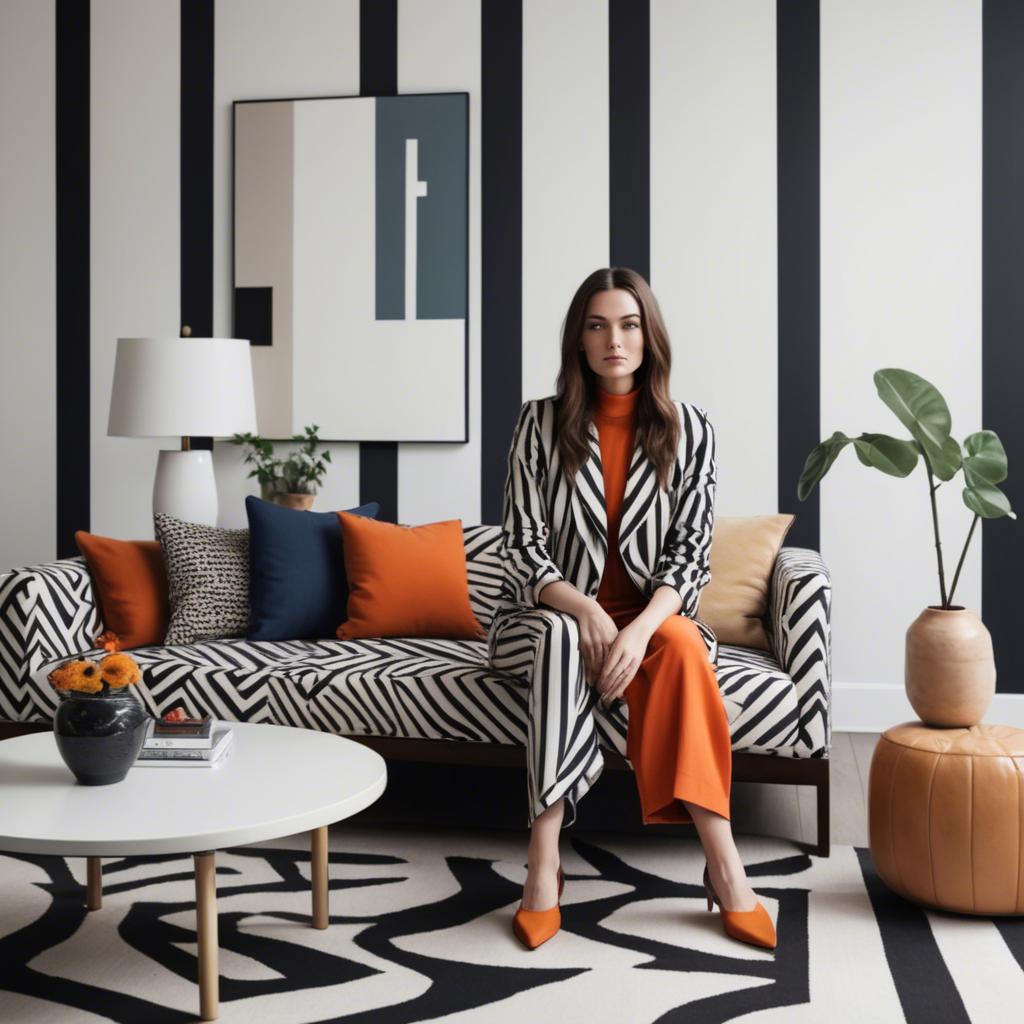 A stunning image of stylish woman with bold patterns in a minimalist room.