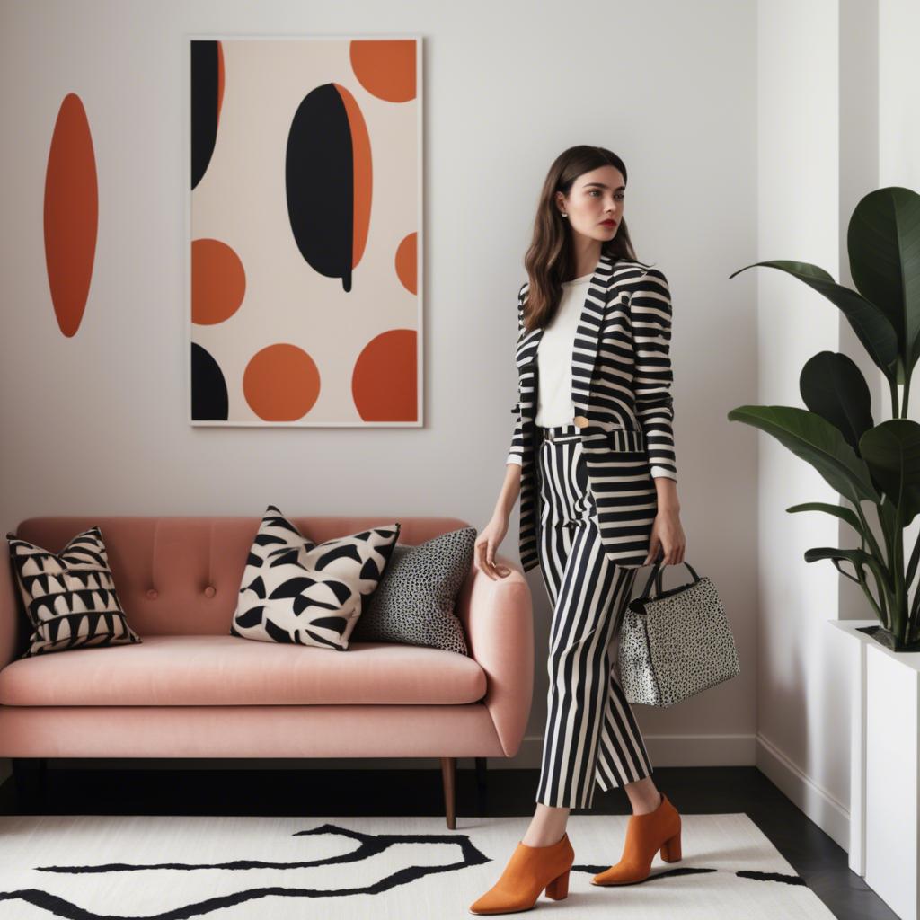 A stunning image of stylish woman with bold patterns in a minimalist room.