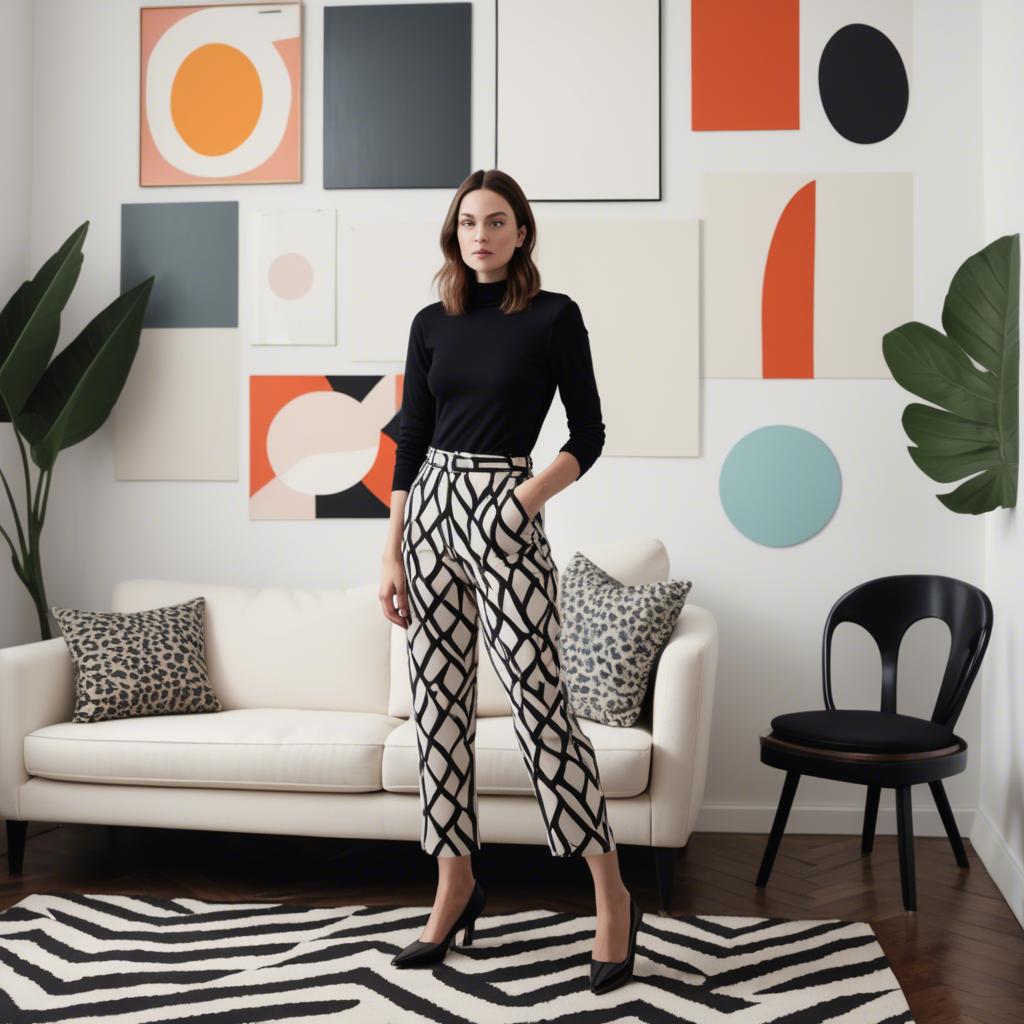A stunning image of stylish woman with bold patterns in a minimalist room.