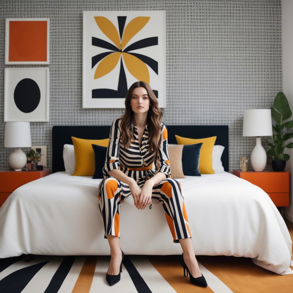 A stunning image of stylish woman with bold patterns in a minimalist room.