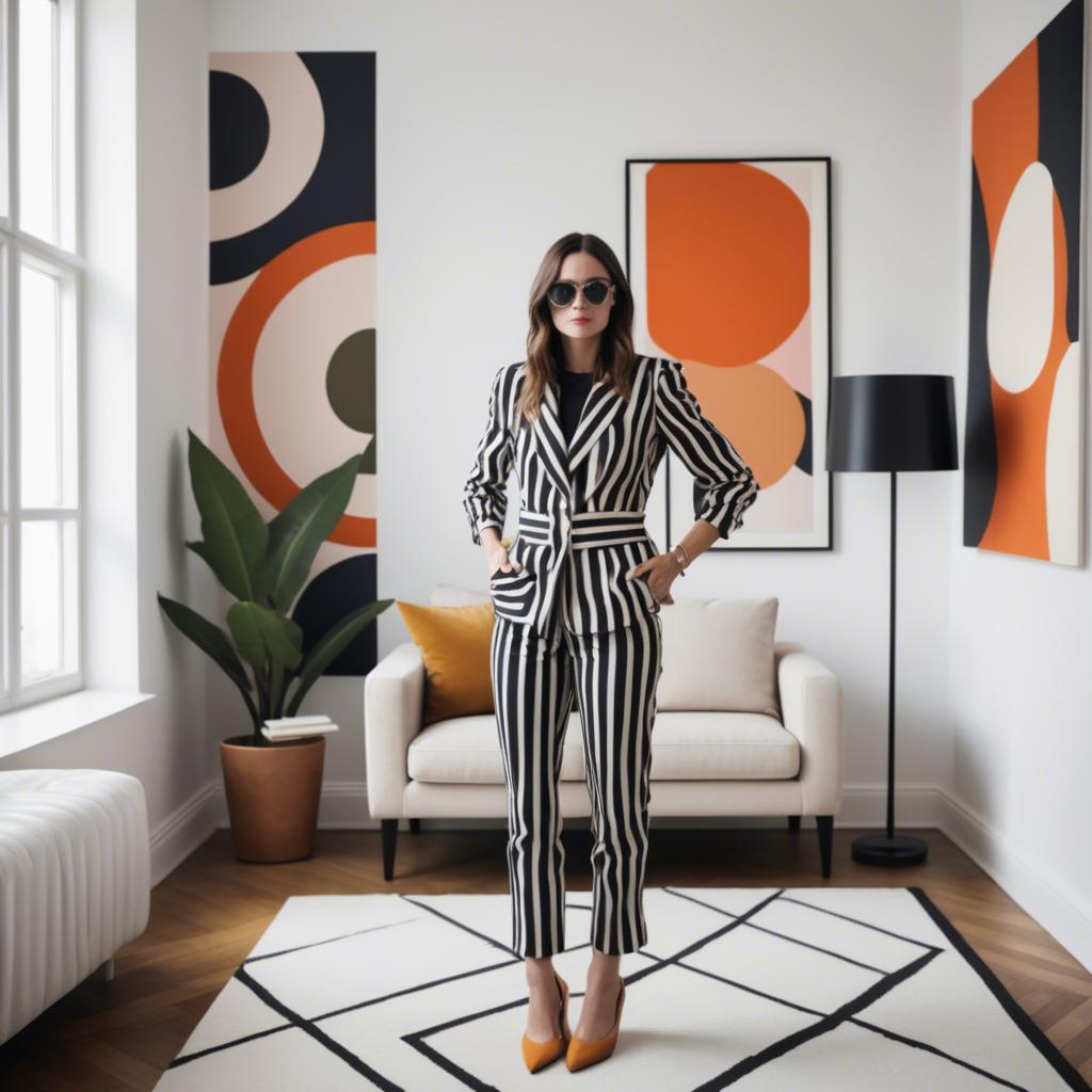 A stunning image of stylish woman with bold patterns in a minimalist room.