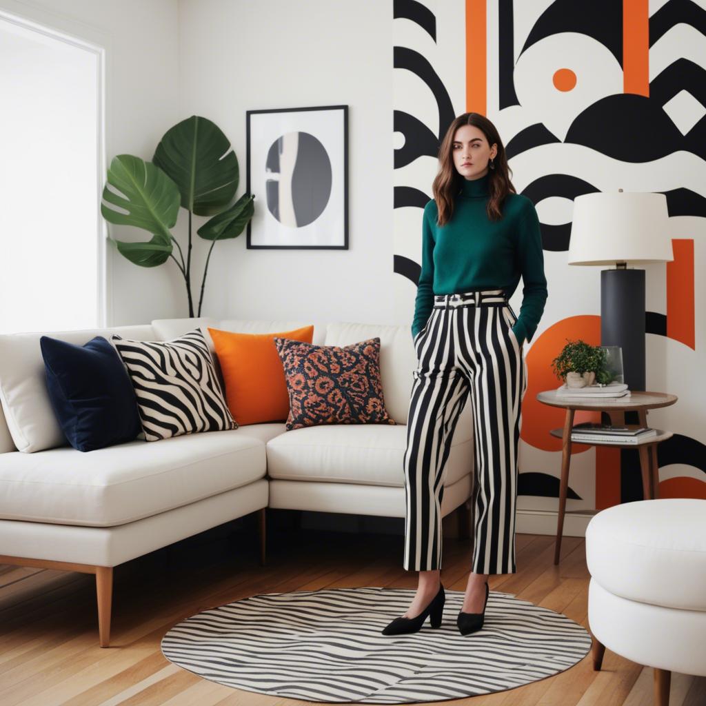 A stunning image of stylish woman with bold patterns in a minimalist room.