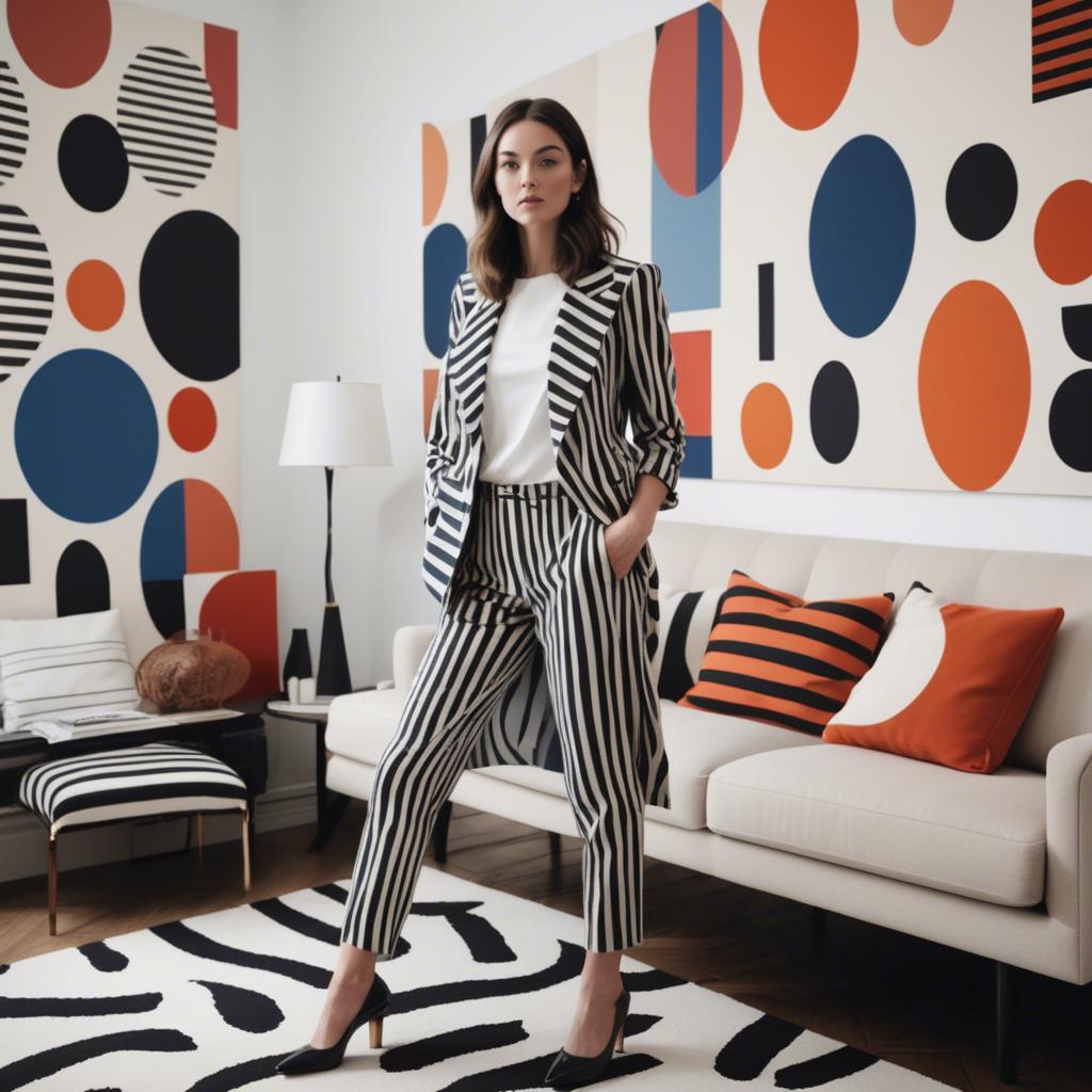 A stunning image of stylish woman with bold patterns in a minimalist room.