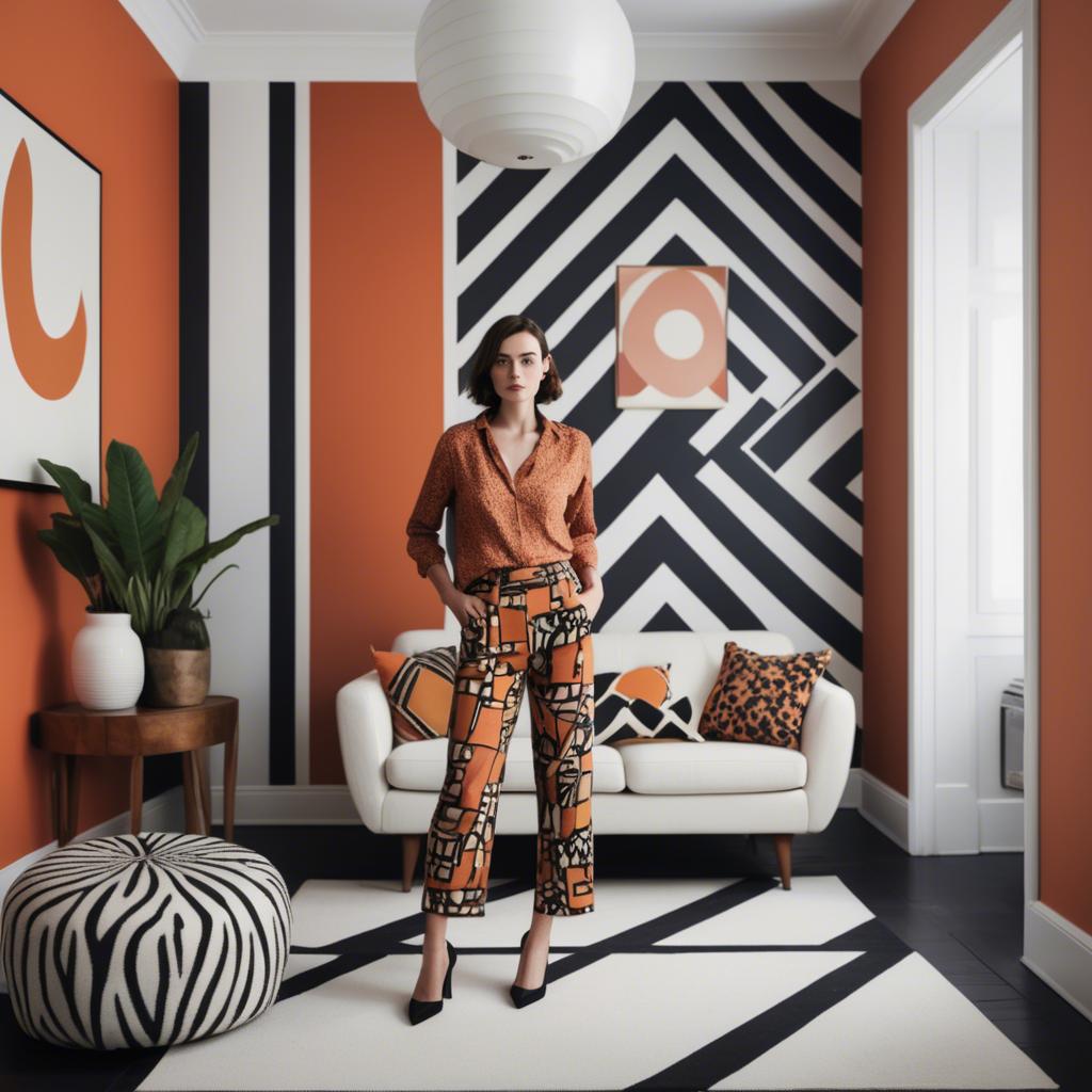 A stunning image of stylish woman with bold patterns in a minimalist room.