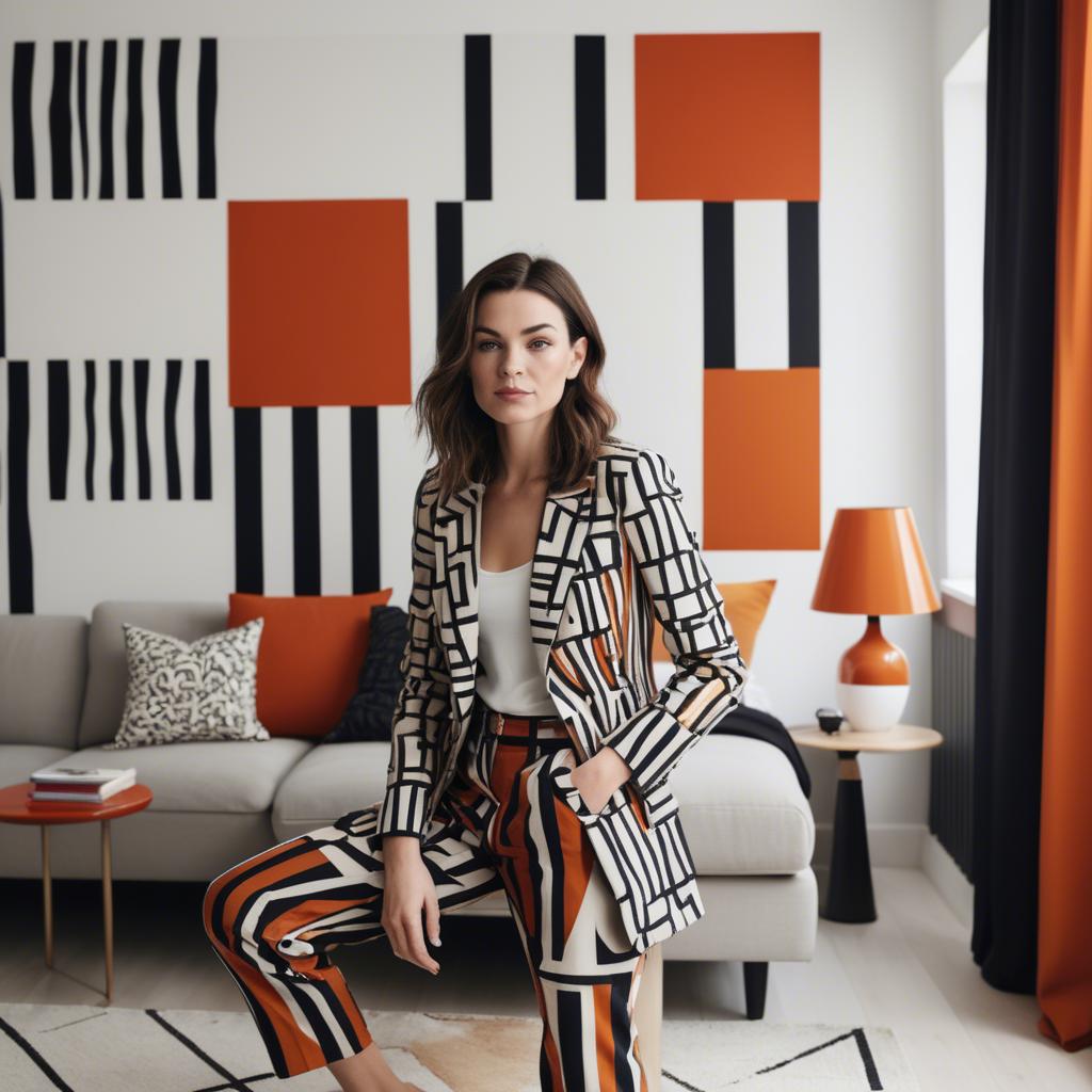 A stunning image of stylish woman with bold patterns in a minimalist room.