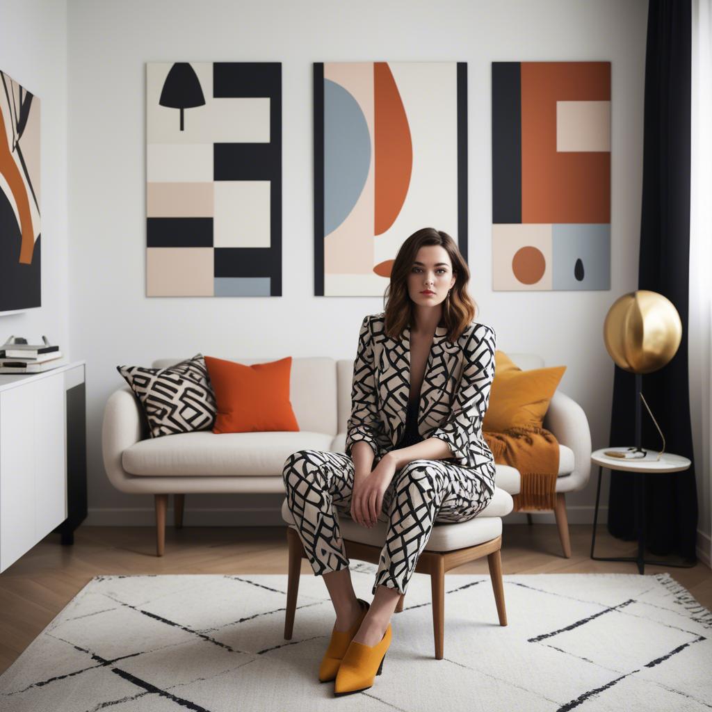 A stunning image of stylish woman with bold patterns in a minimalist room.