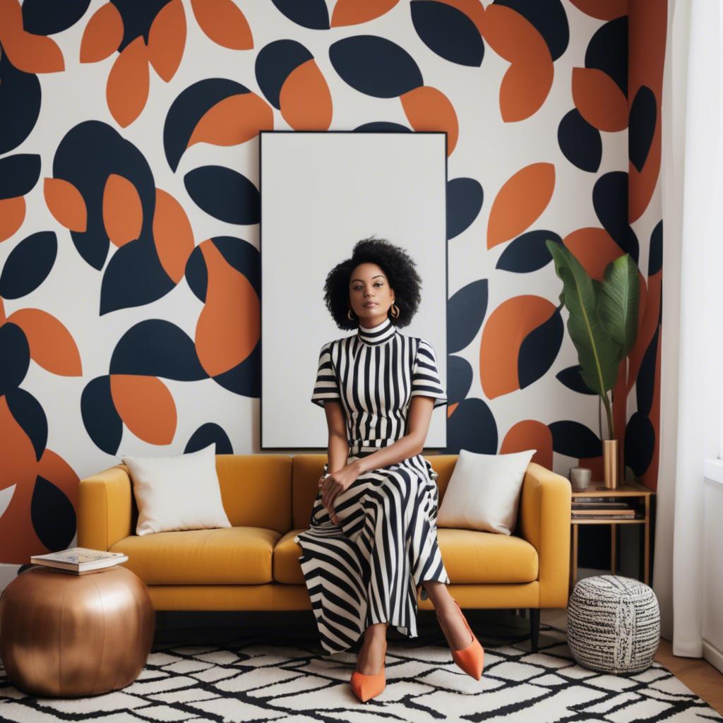 A stunning image of stylish woman with bold patterns in a minimalist room.