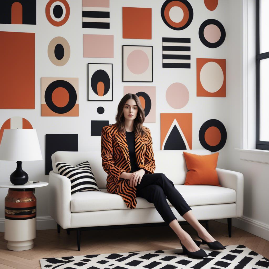 A stunning image of stylish woman with bold patterns in a minimalist room.