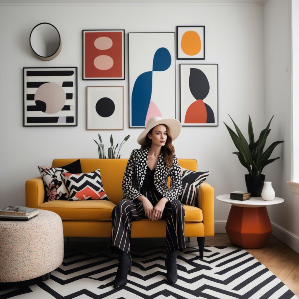 A stunning image of stylish woman with bold patterns in a minimalist room.
