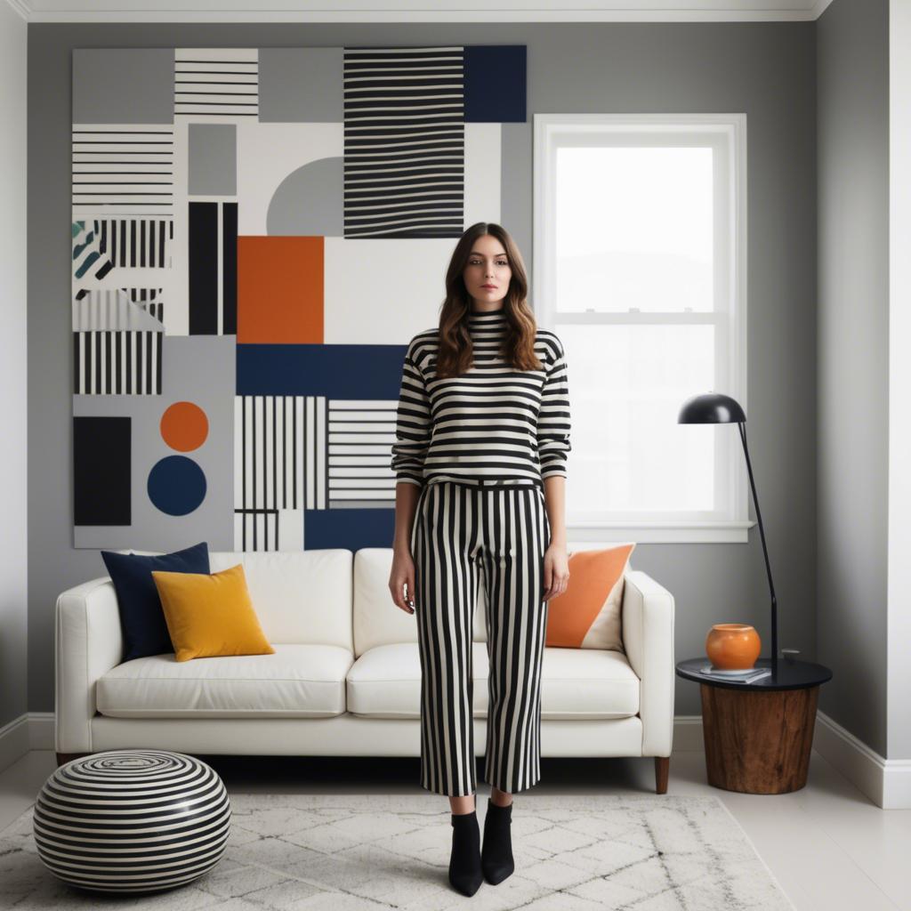 A stunning image of stylish woman with bold patterns in a minimalist room.
