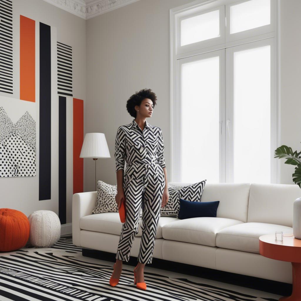 A stunning image of stylish woman with bold patterns in a minimalist room.