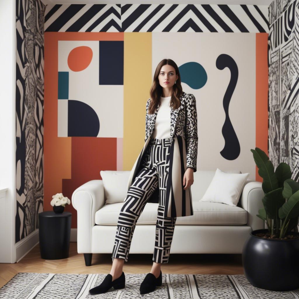 A stunning image of stylish woman with bold patterns in a minimalist room.