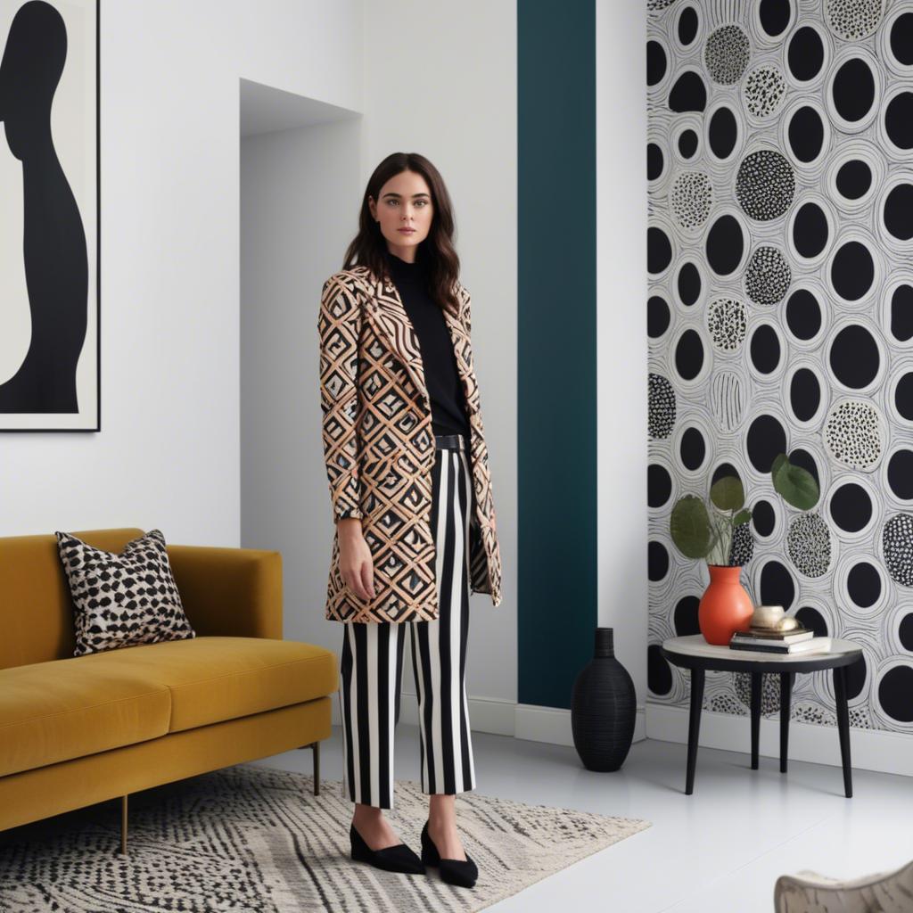 A stunning image of stylish woman with bold patterns in a minimalist room.