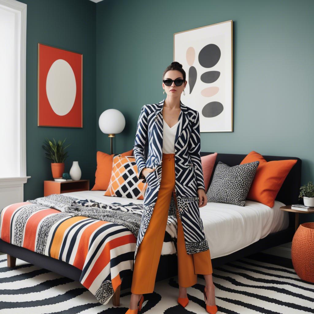 A stunning image of stylish woman with bold patterns in a minimalist room.